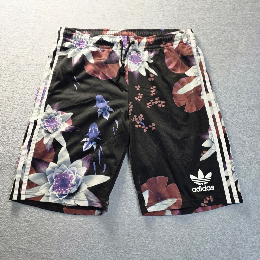 Adidas Originals Floral Shorts Womens Medium Black 3 Stripe Trefoil Logo